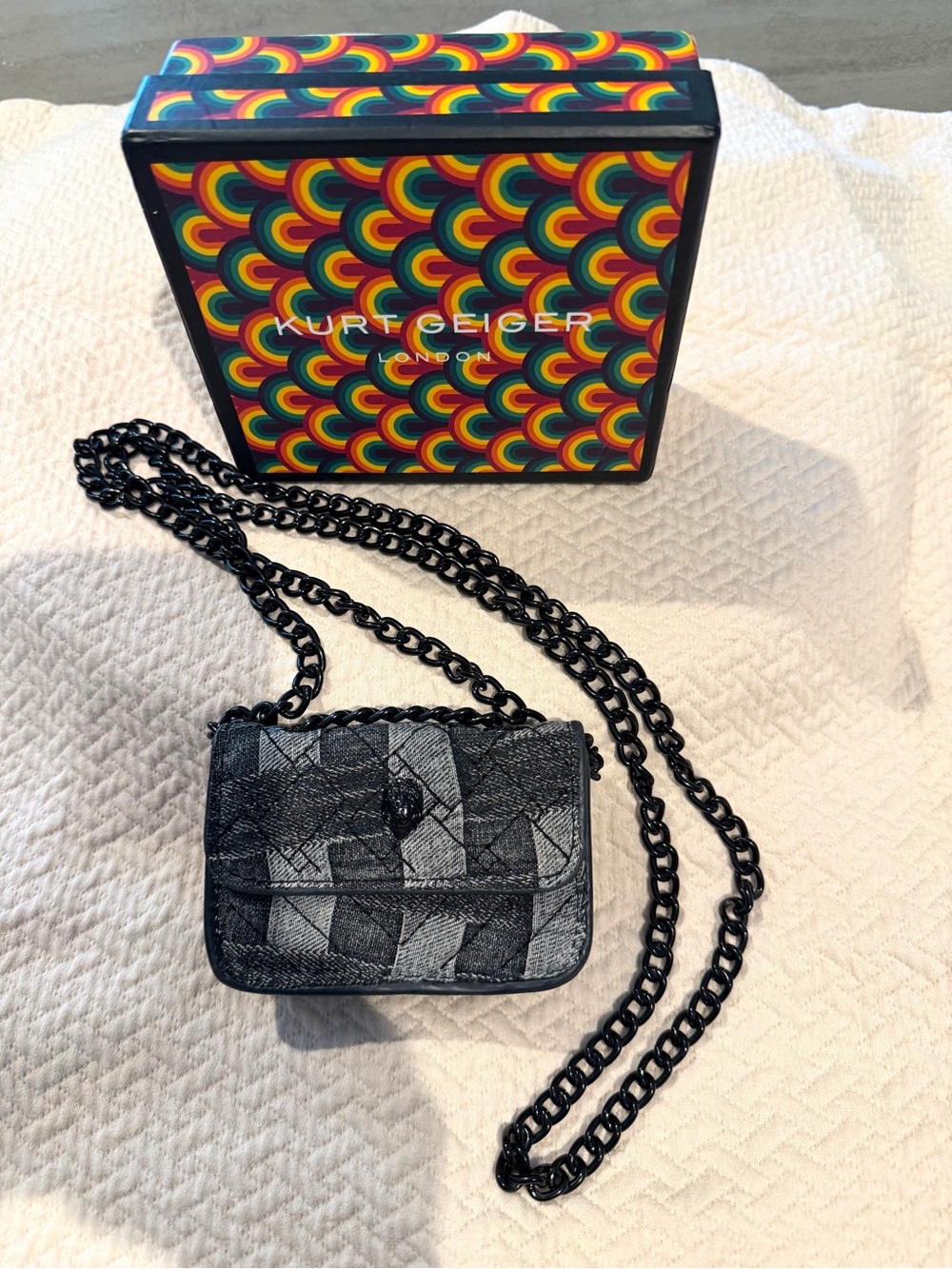 Kurt Geiger Micro Mini Kensington Denim Patchwork Black Chain Crossbody Bag &Box